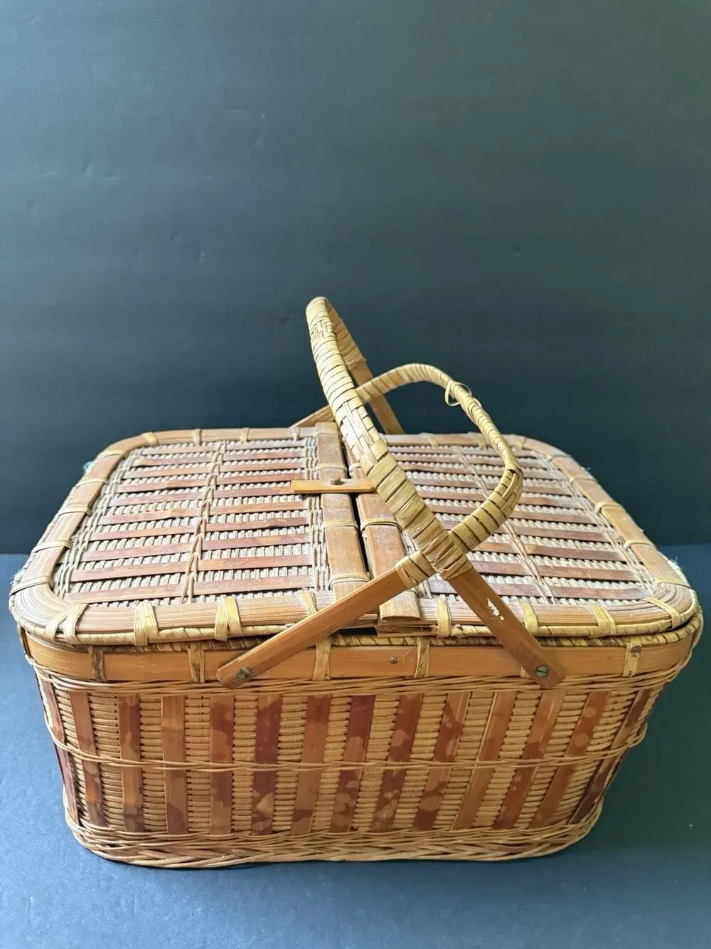 Vintage Bamboo Covered Basket Hinged Top Sewing Picnic Storage Woven Two Handle